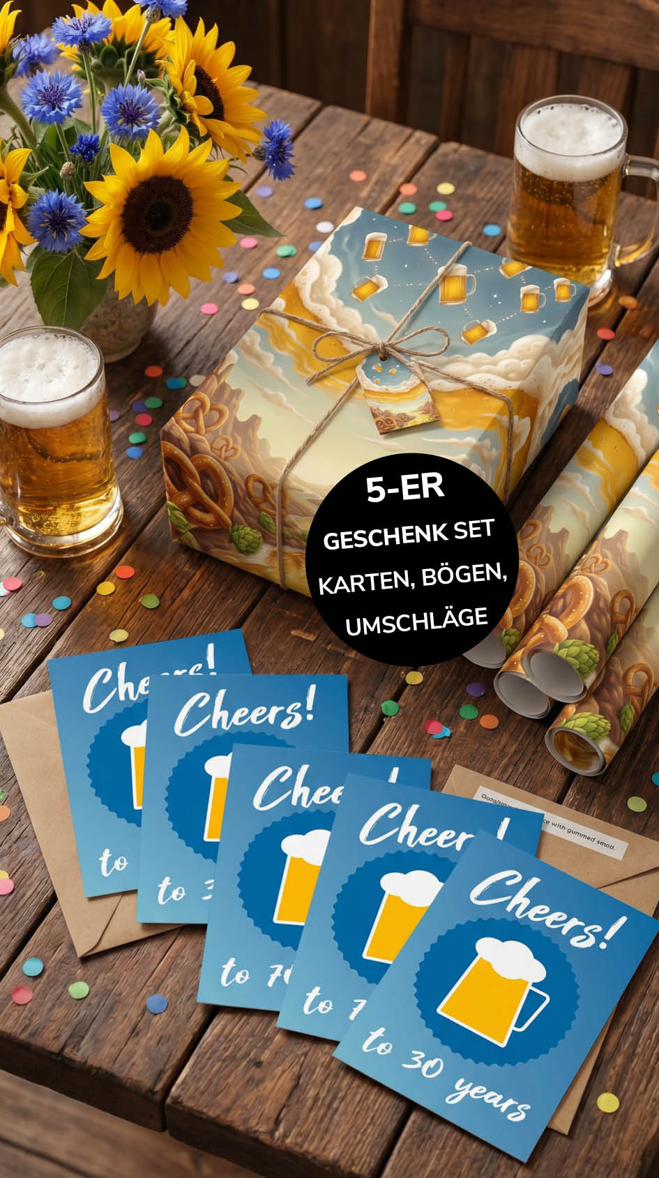 Geschenkpapier 5er Set Bier, Geschenkverpackung DIN A2; Geburtstagskarte mit Umschlag braun